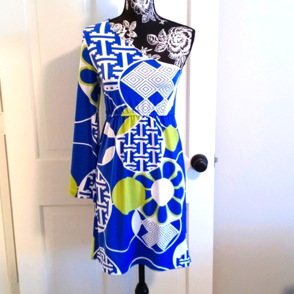 Tracy Negoshian One-Shoulder Blue, White & Lime Graphic Dress